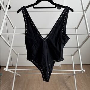 Black Studded Women Swim One Piece